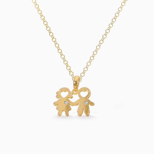 Dije en oro amarillo de 18K niño y niña tomados de la mano For Discount