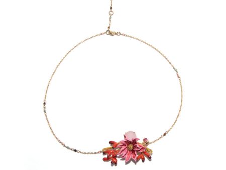 Les Nereides Pink Flower With Golden Pistil On Faceted Crystal Necklace Online now