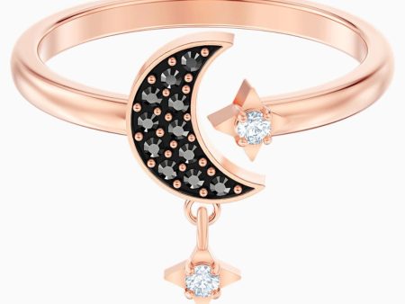 Swarovski Symbolic Moon Motif Ring Black Rose-Gold Tone Size 55 on Sale