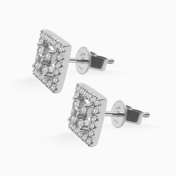 Aretes en oro blanco de 18K cuadrado con flor central con brillantes Online Sale