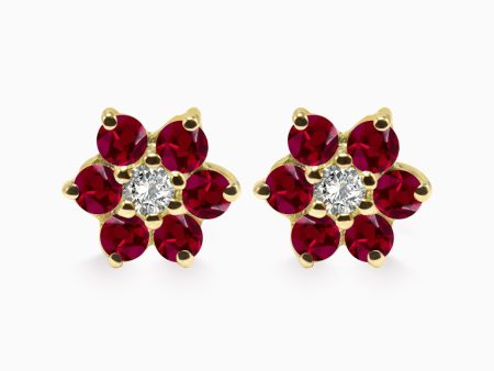 Aretes en oro amarillo de 18K roseta estrella con rubís Hot on Sale